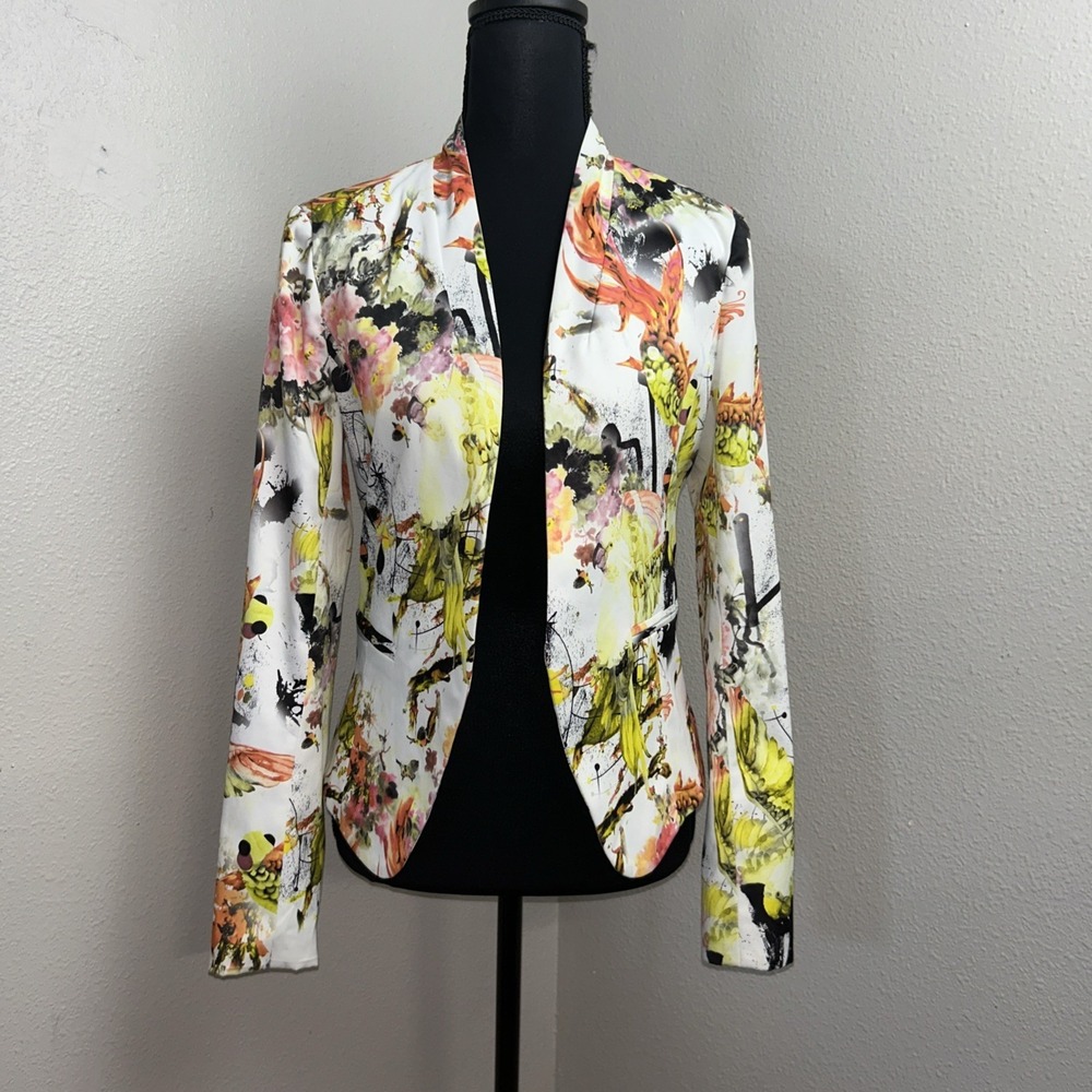 OVI Blazer‎ Jacket Women's Small Multicolored Floral Bird Print Artsy Casual